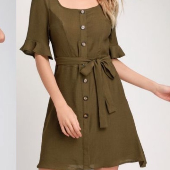 Olive Green Flounce Sleeve Dress - Picture 2 of 6